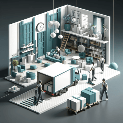 DALL·E 2023-12-31 00.29.58 - A conceptual image illustrating the Receiving service for interior design. The image shows a stylized warehouse with a modern aesthetic, where worke